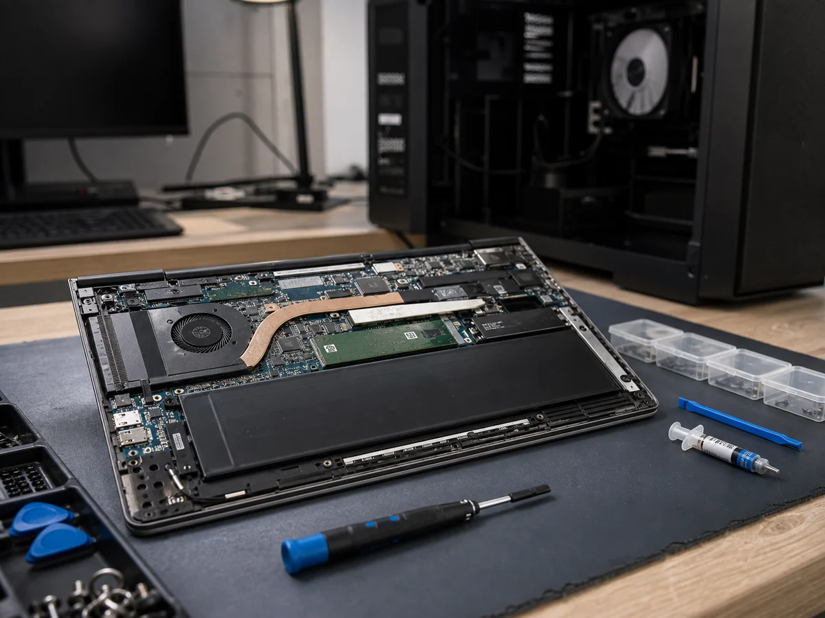 Laptop en desktop reparatie op een diagnosewerkbank