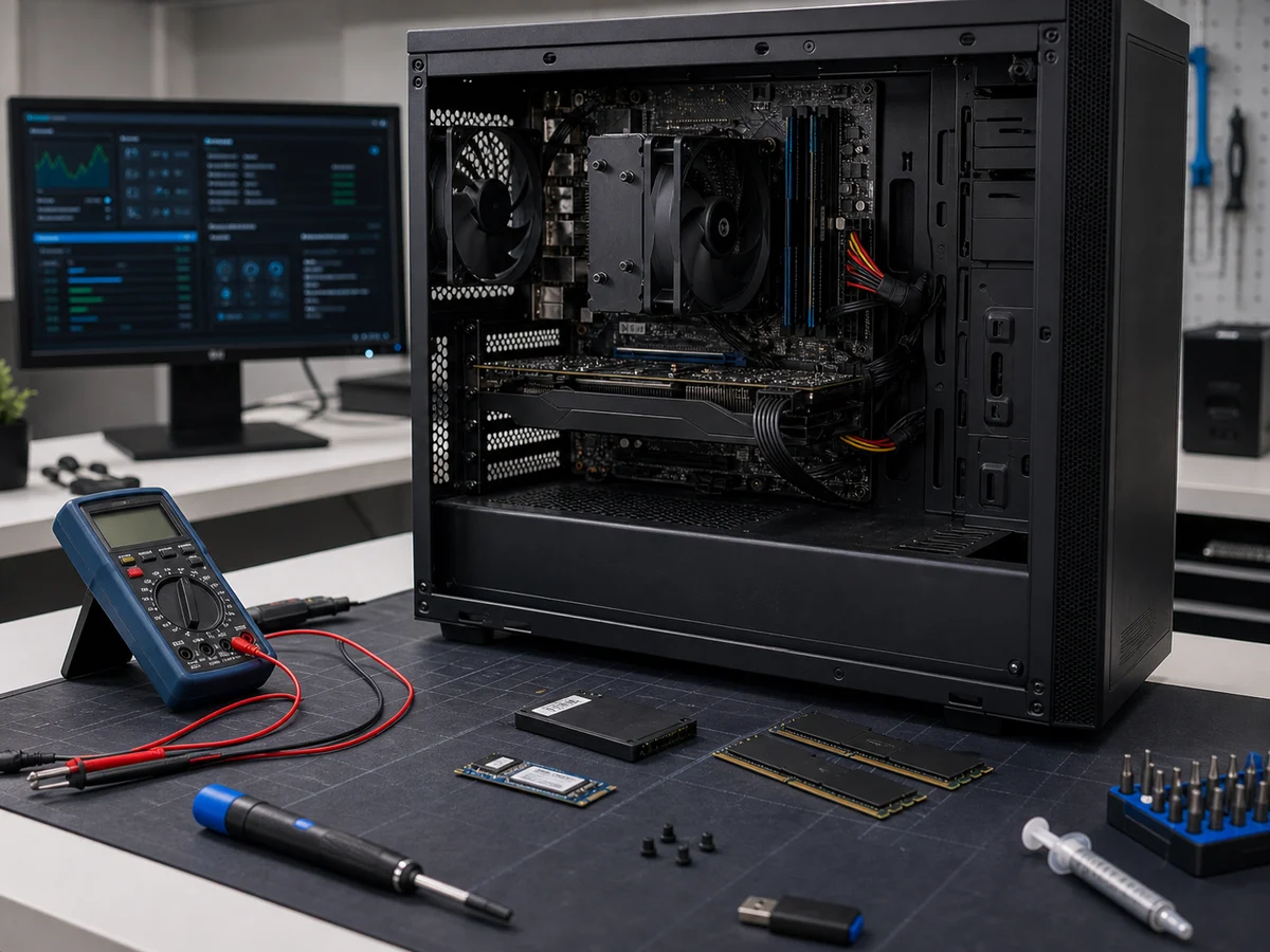 Open desktop PC op diagnosewerkbank met multimeter, SSD en RAM-modules